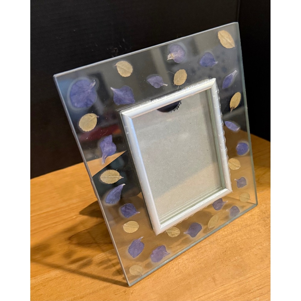 Small Picture Frame Clear Purple Pressed Floral Botanical Glass Free Standing